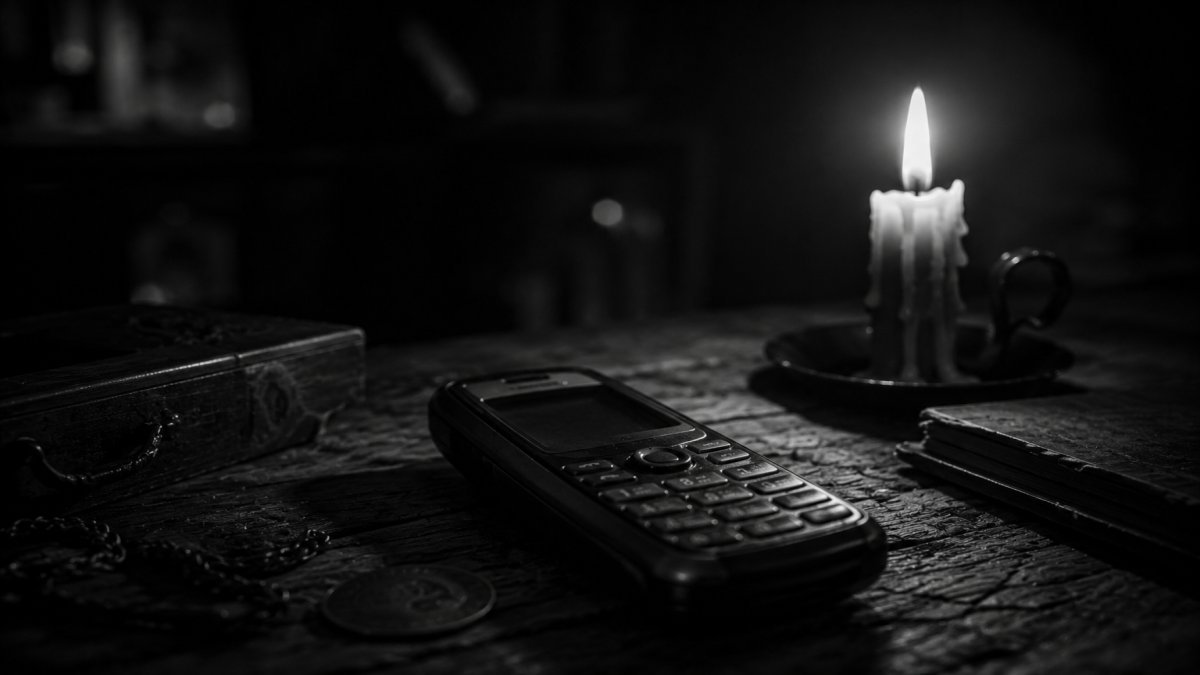 Un celular antiguo iluminado por la tenue luz de una vela en un ambiente oscuro