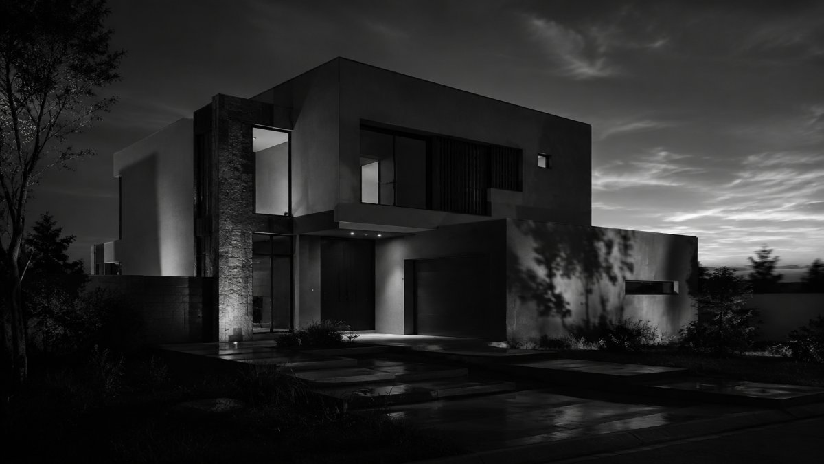 Una casa nueva envuelta en sombras al atardecer