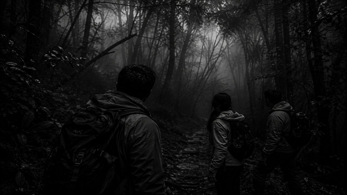 Excursionistas en un bosque oscuro sintiendo una presencia