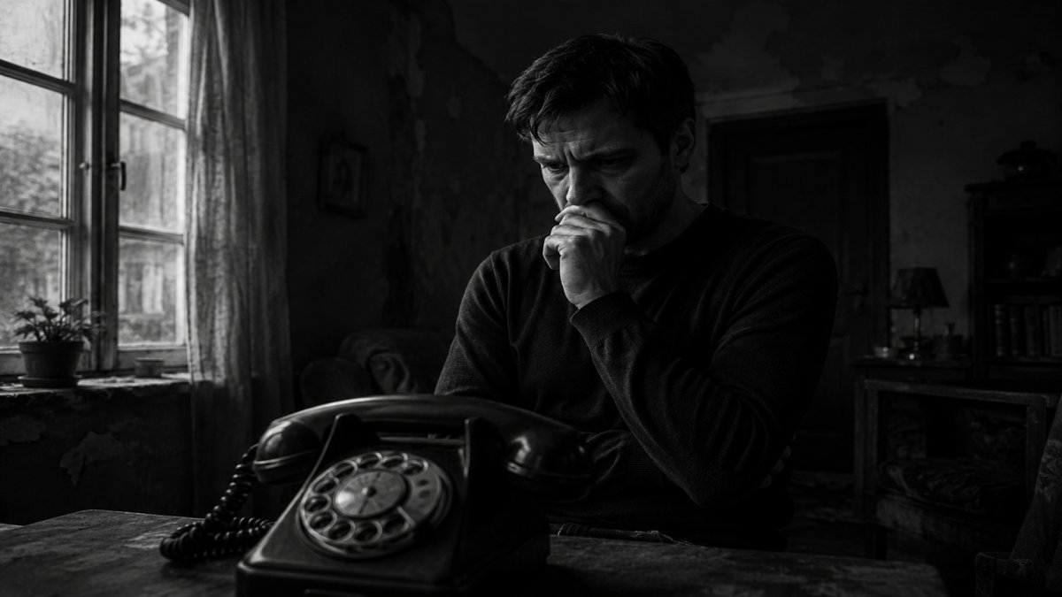 Hombre solo frente a un teléfono antiguo en una habitación oscura, con luz tenue entrando por una ventana, escena cinematográfica de tensión psicológica sin texto. - El mochaorejas en Mexico