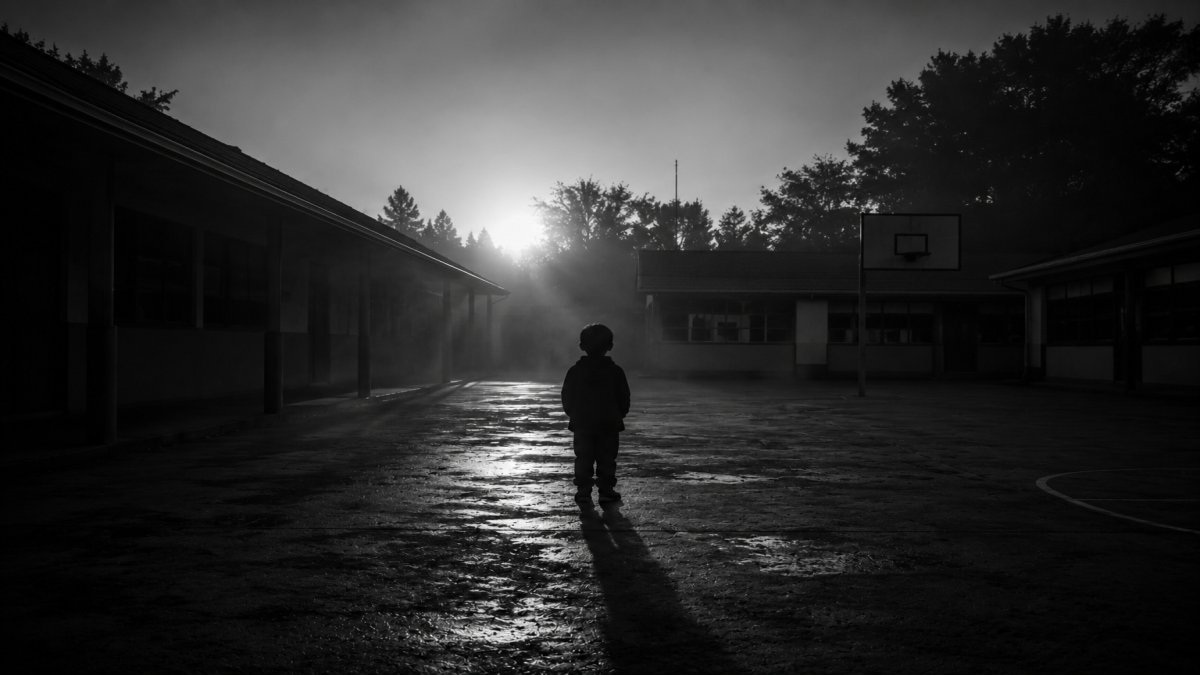 Niño solitario en el patio del colegio al amanecer