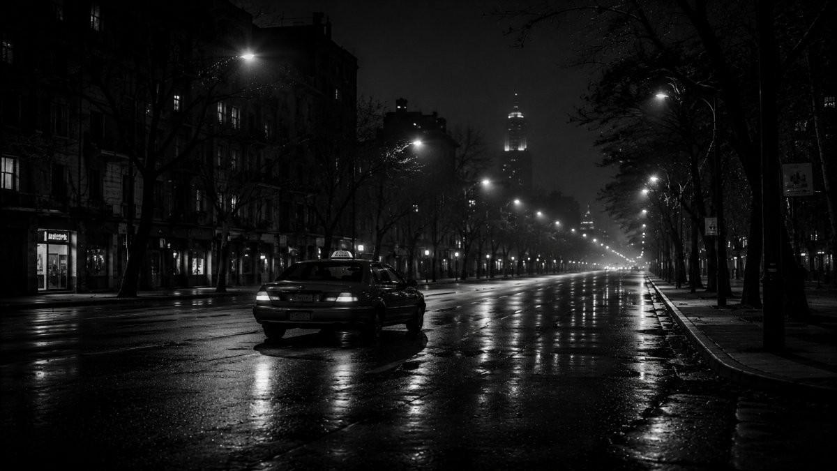 Un taxi solitario en una avenida vacía bajo la luz tenue