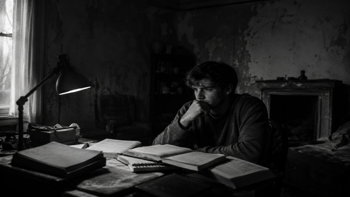 Hombre joven sentado solo en una habitación antigua con libros abiertos, una lámpara tenue y sombras profundas en las paredes, escena cinematográfica en blanco y negro sin texto.