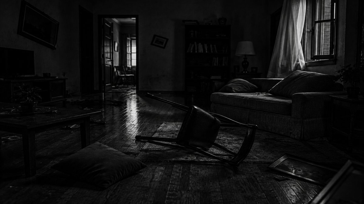 Sala de estar con muebles movidos misteriosamente