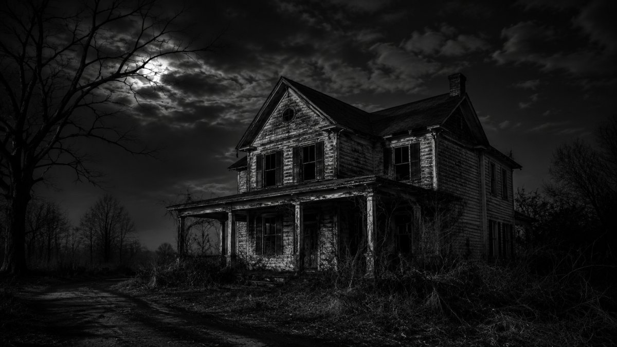 Casa oscura y deshabitada en una noche tenebrosa