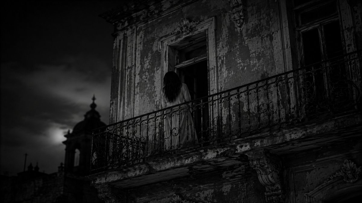 La misteriosa mujer que se asoma en los balcones de edificios antiguos