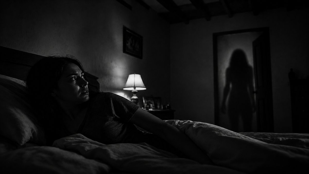 Mujer despertando con una sombra misteriosa en su habitación