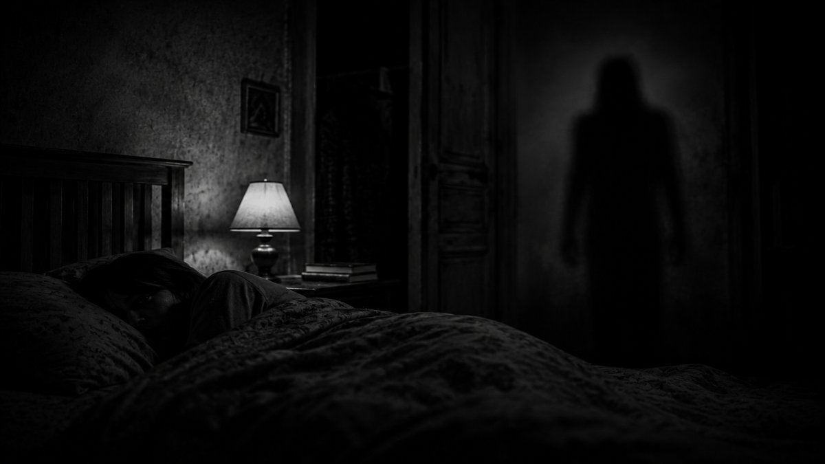 Una sombra inquietante junto a la cama en una habitación oscura