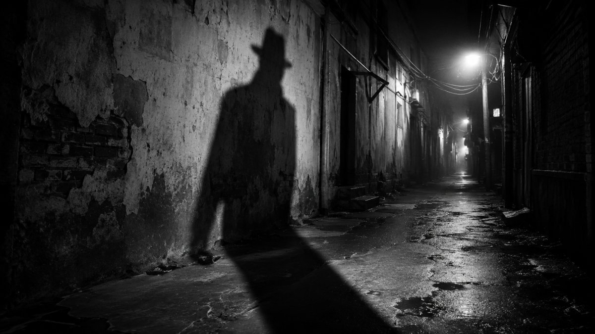 Sombra oscura que se proyecta sin dueño en un callejón solitario