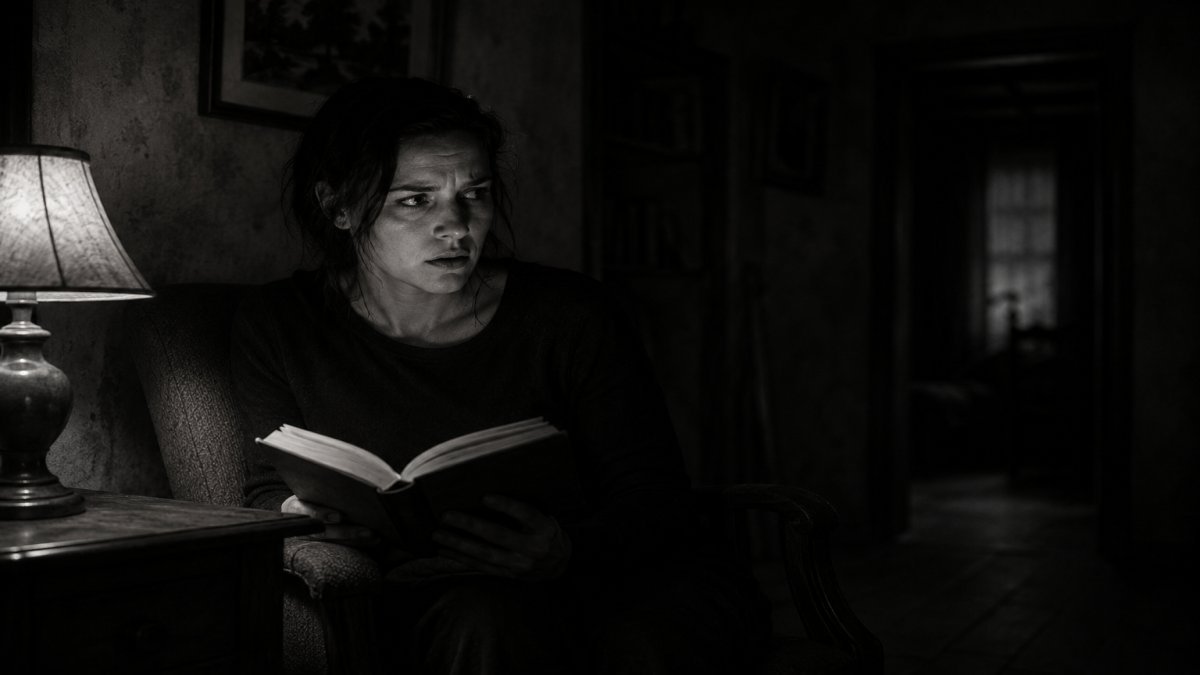Una persona leyendo en la oscuridad con expresión inquieta