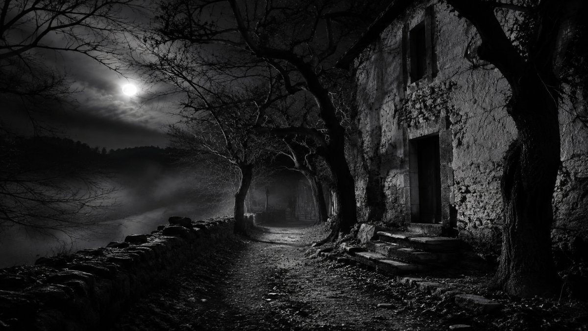 Misteriosa noche oscura con sombras inquietantes