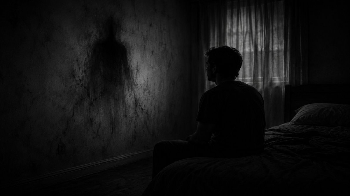 Un adulto mira fijamente al vacío en una habitación oscura