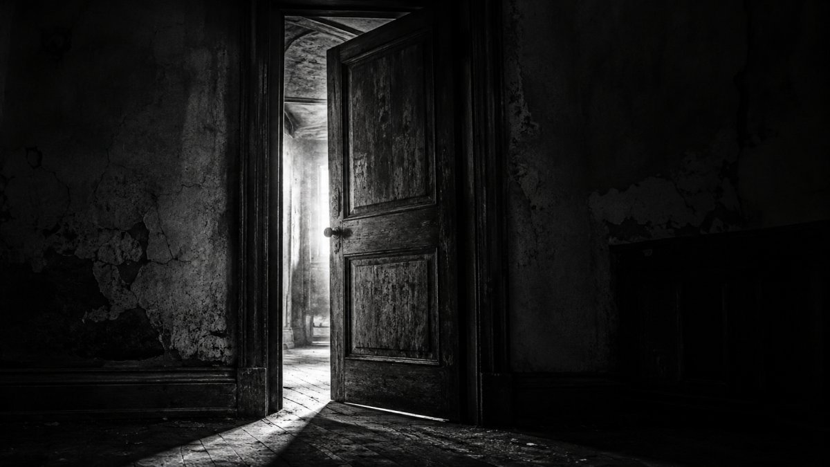Puerta entreabierta en un ambiente oscuro y misterioso
