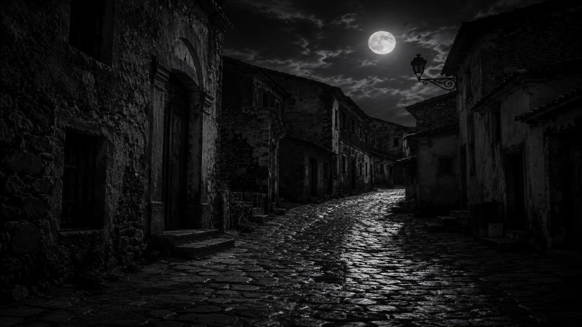 Pueblo desierto bajo la luna con ecos de pasos inquietantes